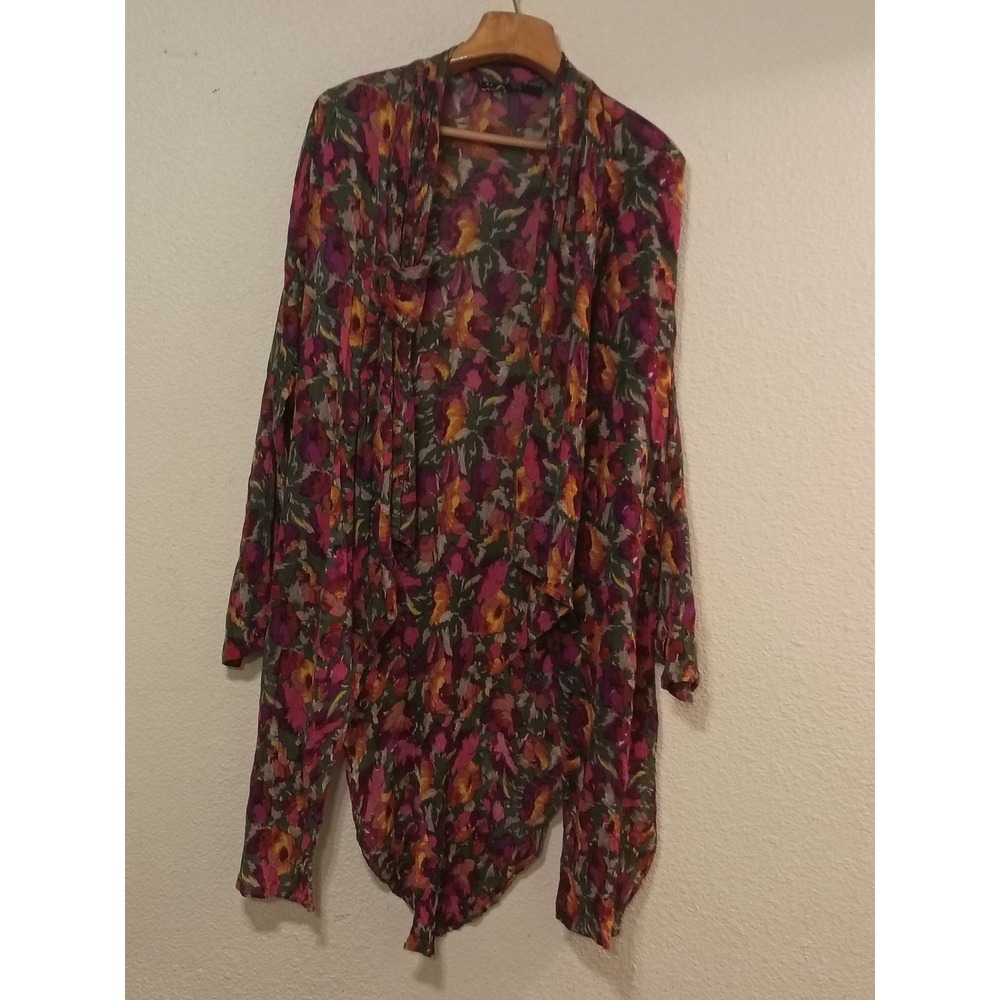 Phool vintage Floral Rayon Cardigan Purple Pink Orange Boho Draped‎ Kimono  M.